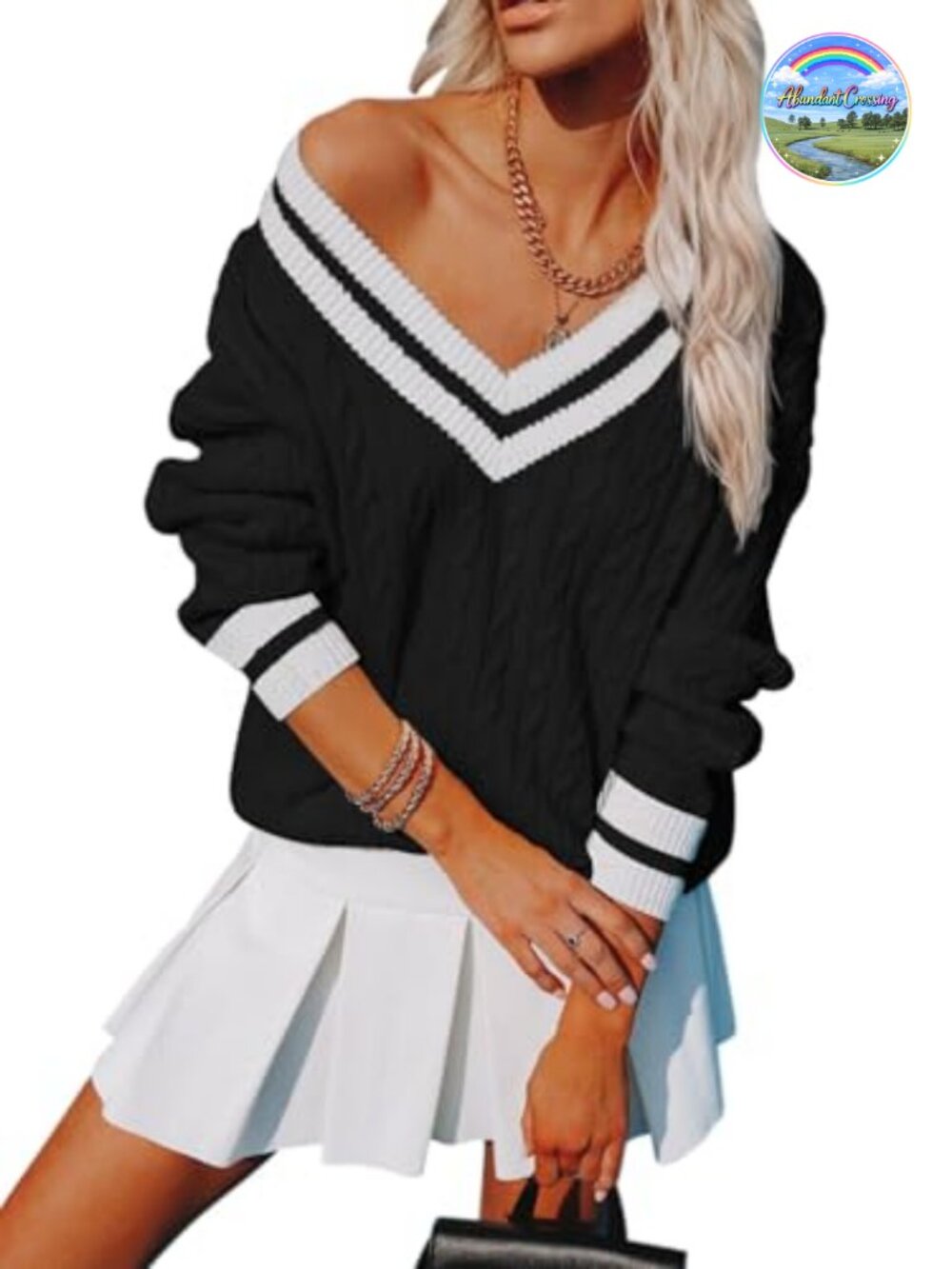 Striped Chunky Cable Knit V-Neck Oversized Sweater for Women Long Sleeve